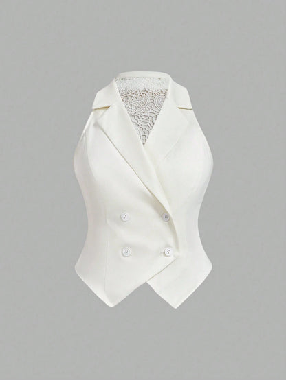 MOD Plus Size Women's White Lace Patchwork Sleeveless Elegant Tailored Set Blazer Suit Going Out Wedding Guest Homecoming Festival Holiday Summer/Fall