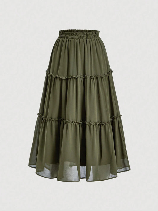 MOD Solid Frill Trim Ruffle Hem Skirt