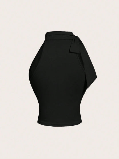 MOD Stand Collar Bowknot Gather Green Tank Top
