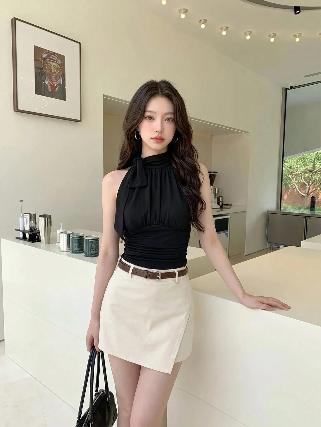 MOD Stand Collar Bowknot Gather Green Tank Top
