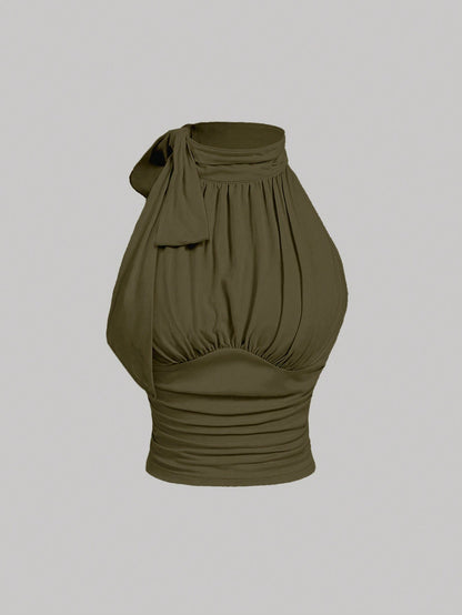 MOD Stand Collar Bowknot Gather Green Tank Top