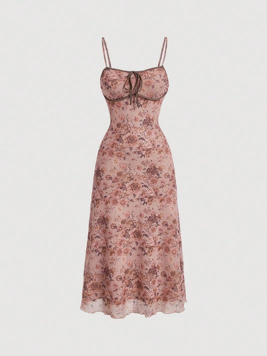 MOD Vintage Rose Print Contrast Decor Midi Dress,Off Shoulder Dress