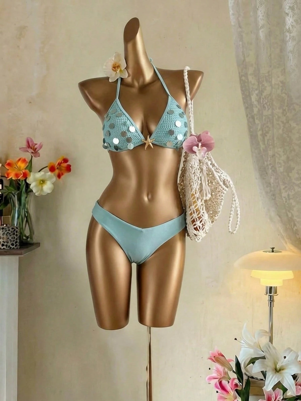MOD Women's Light Blue Crochet Sequin Halter Bikini Set,2pcs Starfish Charm Swimwear With Sequin Top,Summer Casual Beach Party Holiday Vacation