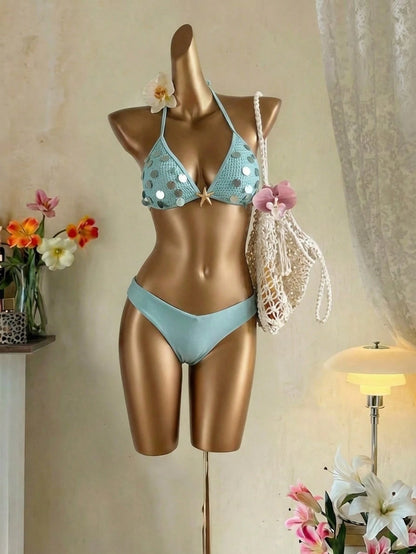 MOD Women's Light Blue Crochet Sequin Halter Bikini Set,2pcs Starfish Charm Swimwear With Sequin Top,Summer Casual Beach Party Holiday Vacation