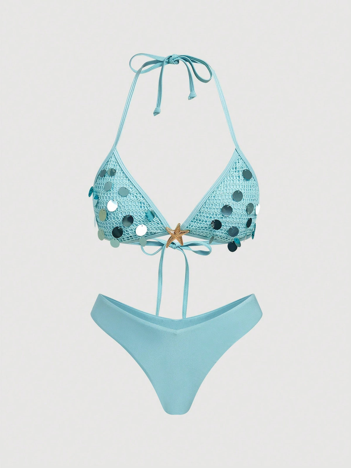 MOD Women's Light Blue Crochet Sequin Halter Bikini Set,2pcs Starfish Charm Swimwear With Sequin Top,Summer Casual Beach Party Holiday Vacation