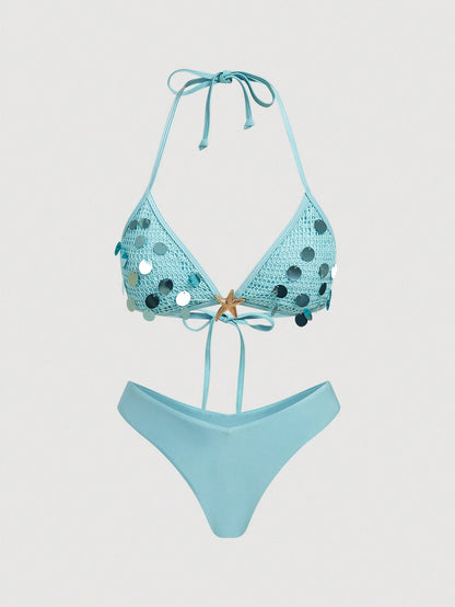 MOD Women's Light Blue Crochet Sequin Halter Bikini Set,2pcs Starfish Charm Swimwear With Sequin Top,Summer Casual Beach Party Holiday Vacation