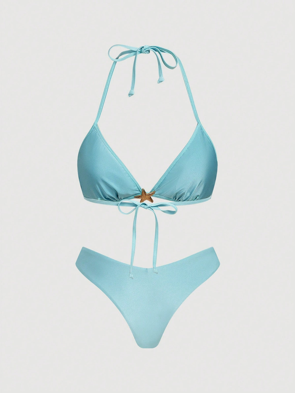 MOD Women's Light Blue Crochet Sequin Halter Bikini Set,2pcs Starfish Charm Swimwear With Sequin Top,Summer Casual Beach Party Holiday Vacation