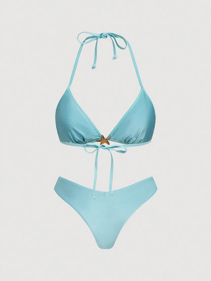 MOD Women's Light Blue Crochet Sequin Halter Bikini Set,2pcs Starfish Charm Swimwear With Sequin Top,Summer Casual Beach Party Holiday Vacation