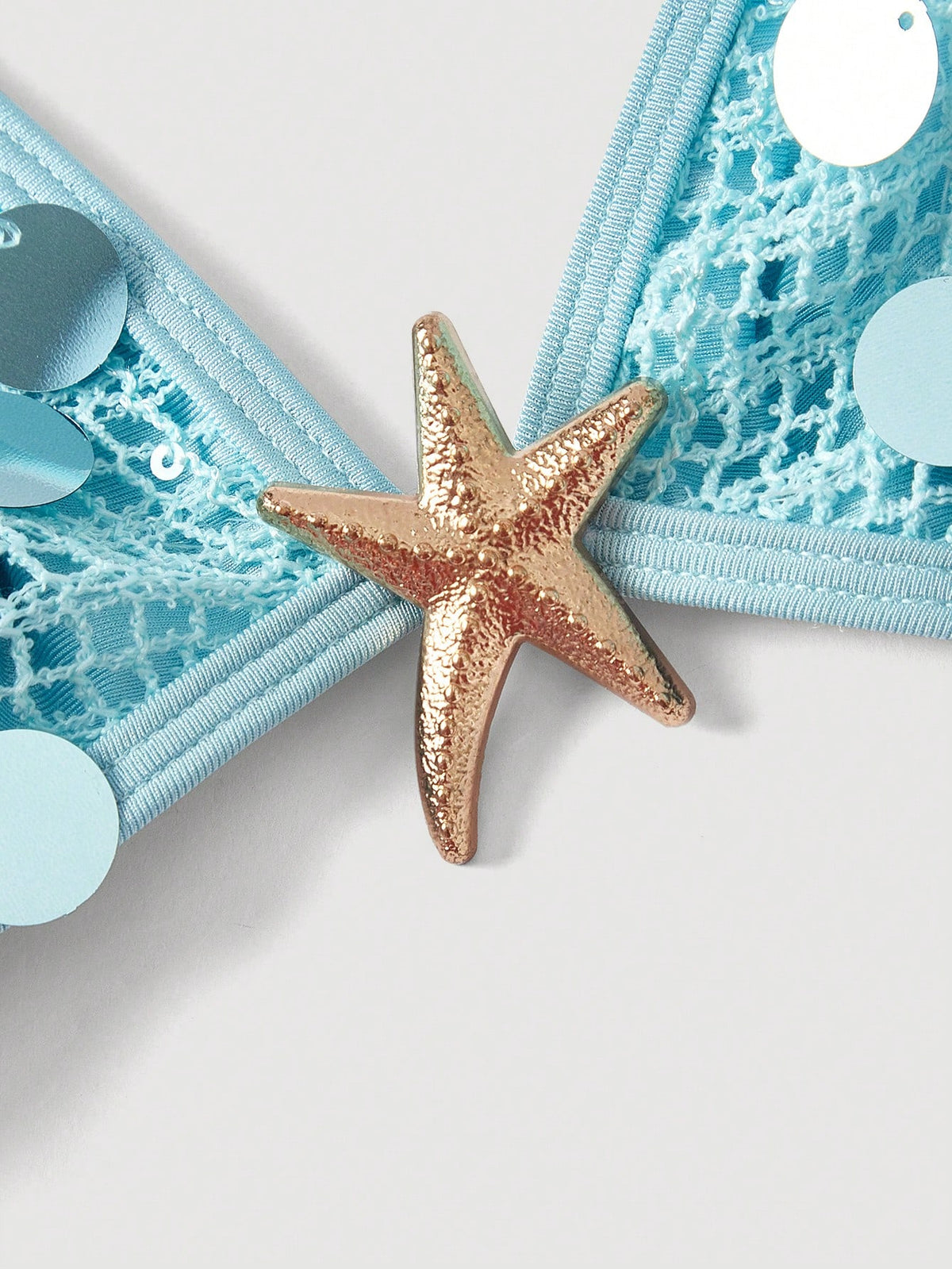 MOD Women's Light Blue Crochet Sequin Halter Bikini Set,2pcs Starfish Charm Swimwear With Sequin Top,Summer Casual Beach Party Holiday Vacation