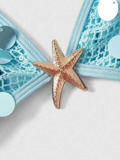MOD Women's Light Blue Crochet Sequin Halter Bikini Set,2pcs Starfish Charm Swimwear With Sequin Top,Summer Casual Beach Party Holiday Vacation