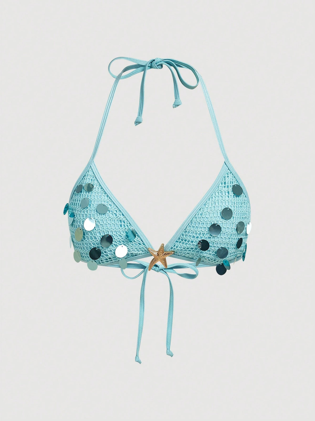 MOD Women's Light Blue Crochet Sequin Halter Bikini Set,2pcs Starfish Charm Swimwear With Sequin Top,Summer Casual Beach Party Holiday Vacation