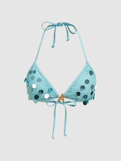 MOD Women's Light Blue Crochet Sequin Halter Bikini Set,2pcs Starfish Charm Swimwear With Sequin Top,Summer Casual Beach Party Holiday Vacation