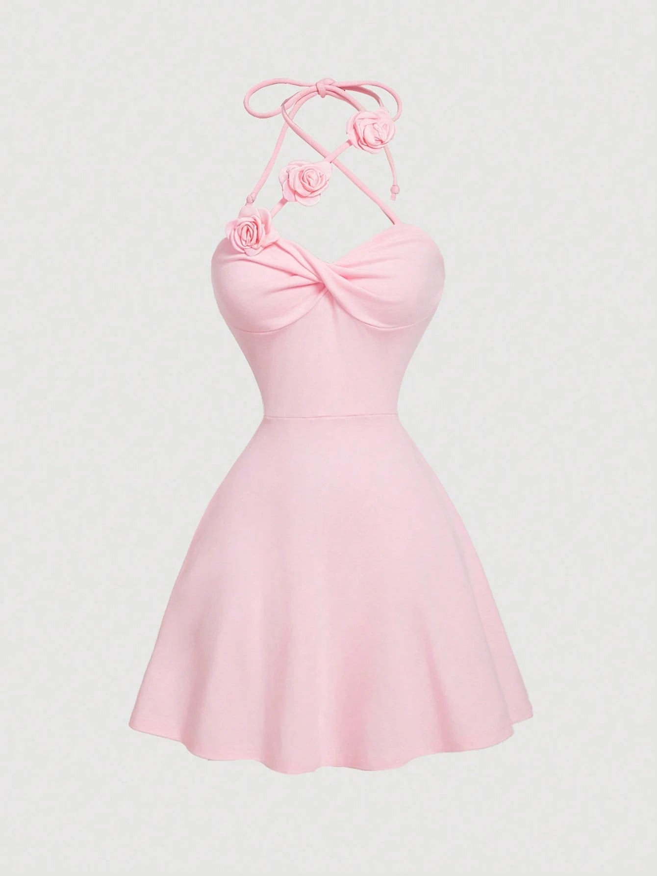 MOD Women's Neck-Tie Floral Twist Knot Waist Ruffle A-Line Dress,Soft Pink,Fairycore,Elegant Cute,Sweet,Summer,Birthday Party Holiday,Graduation,Wedding