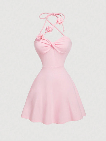MOD Women's Neck-Tie Floral Twist Knot Waist Ruffle A-Line Dress,Soft Pink,Fairycore,Elegant Cute,Sweet,Summer,Birthday Party Holiday,Graduation,Wedding