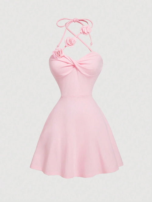 MOD Women's Neck-Tie Floral Twist Knot Waist Ruffle A-Line Dress,Soft Pink,Fairycore,Elegant Cute,Sweet,Summer,Birthday Party Holiday,Graduation,Wedding
