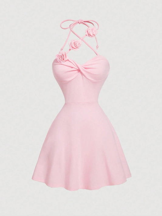 MOD Women's Neck-Tie Floral Twist Knot Waist Ruffle A-Line Dress,Soft Pink,Fairycore,Elegant Cute,Sweet,Summer,Birthday Party Holiday,Graduation,Wedding