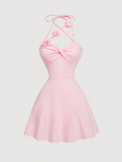 MOD Women's Neck-Tie Floral Twist Knot Waist Ruffle A-Line Dress,Soft Pink,Fairycore,Elegant Cute,Sweet,Summer,Birthday Party Holiday,Graduation,Wedding