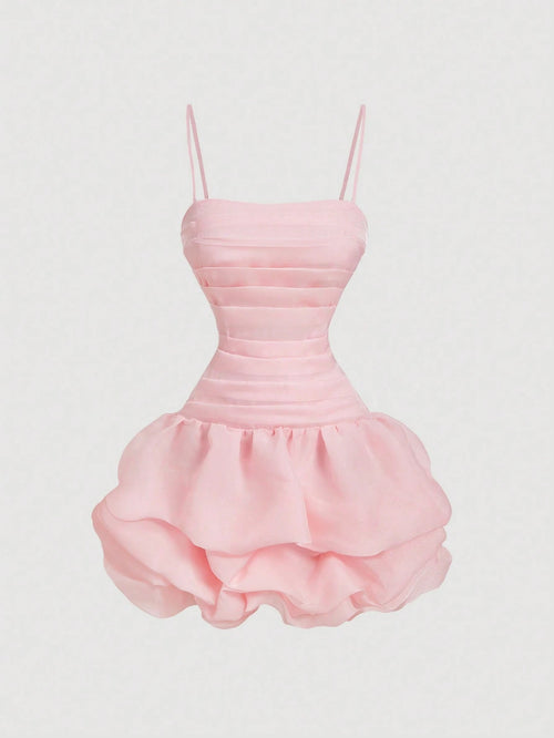 MOD Women's Soft Pink Ruched Bubble Hem Organza Mini Dress,Summer Mama Mia Party,Fitted Valentine Day Rave Festival Garden Birthday Wedding Guest Outfits