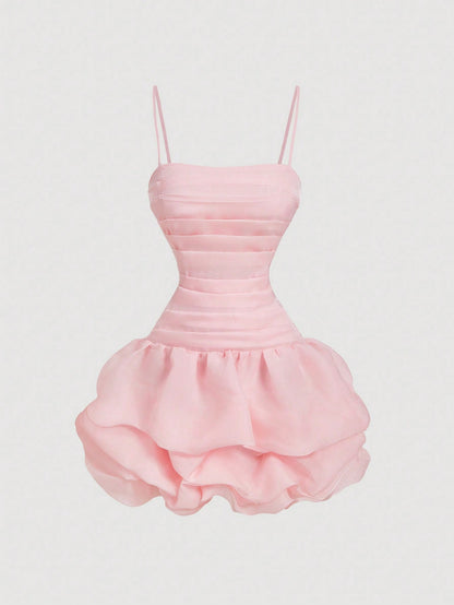 MOD Women's Soft Pink Ruched Bubble Hem Organza Mini Dress,Summer Mama Mia Party,Fitted Valentine Day Rave Festival Garden Birthday Wedding Guest Outfits