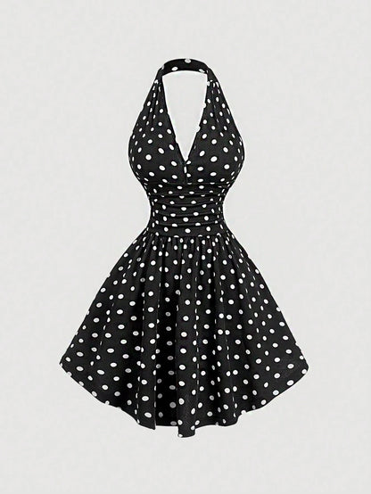 MOD Women's V-Neck Slim Polka Dot Bodycon Dress,Black Homecoming Dress,Hollowed Costumes,Elegant Women Dresses, Dress,Rave Outfits Festival,Summer For