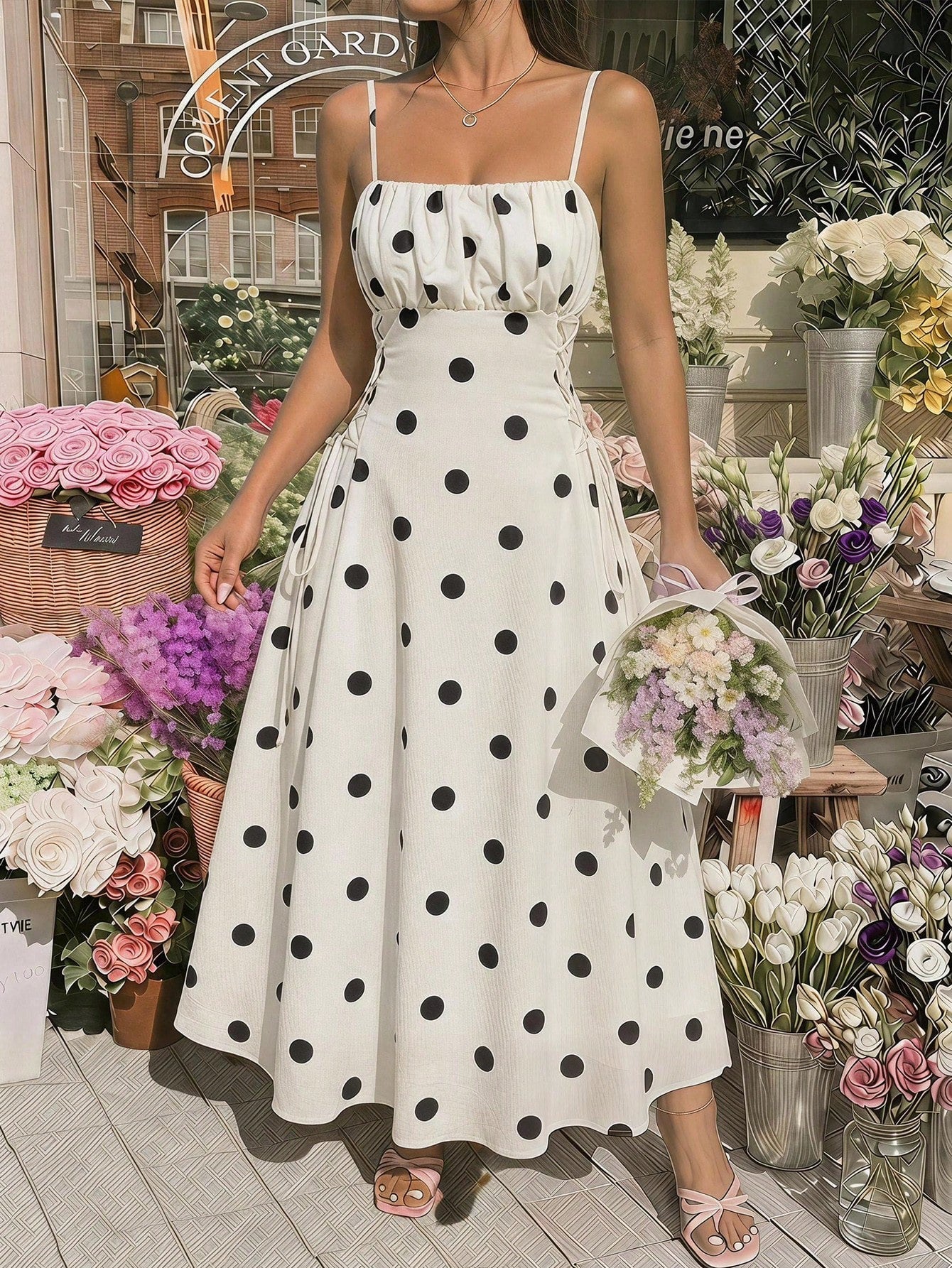 MOD Women's White And Black Polka Dot Print Pleated Side Tie Strap Mid-Length Dress Summer Country Elegant Frenchy Romantic Formal Vacation Wedding