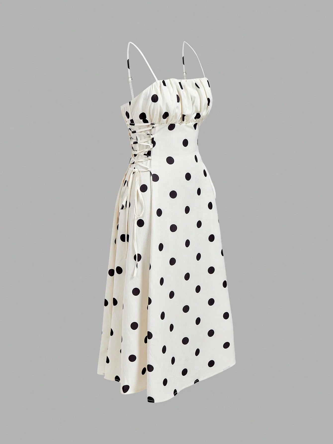 MOD Women's White And Black Polka Dot Print Pleated Side Tie Strap Mid-Length Dress Summer Country Elegant Frenchy Romantic Formal Vacation Wedding
