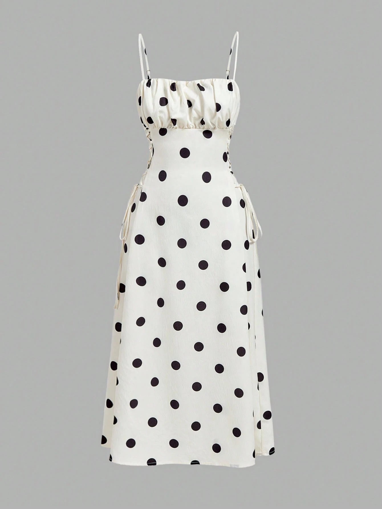 MOD Women's White And Black Polka Dot Print Pleated Side Tie Strap Mid-Length Dress Summer Country Elegant Frenchy Romantic Formal Vacation Wedding