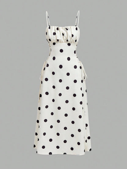 MOD Women's White And Black Polka Dot Print Pleated Side Tie Strap Mid-Length Dress Summer Country Elegant Frenchy Romantic Formal Vacation Wedding