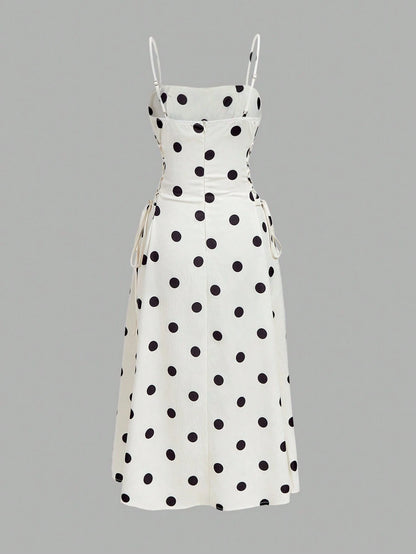 MOD Women's White And Black Polka Dot Print Pleated Side Tie Strap Mid-Length Dress Summer Country Elegant Frenchy Romantic Formal Vacation Wedding