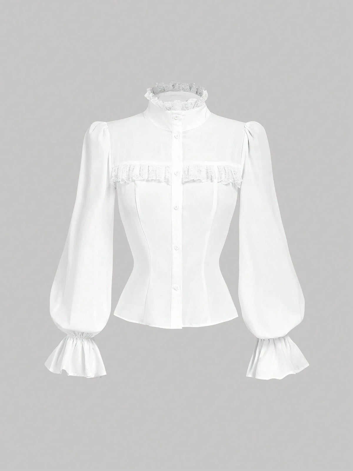 MOD Women's White Fitted Shirt With Ruffle Collar And Lantern Sleeves