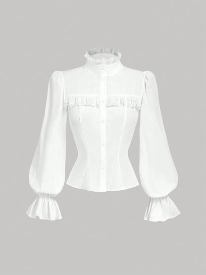 MOD Women's White Fitted Shirt With Ruffle Collar And Lantern Sleeves