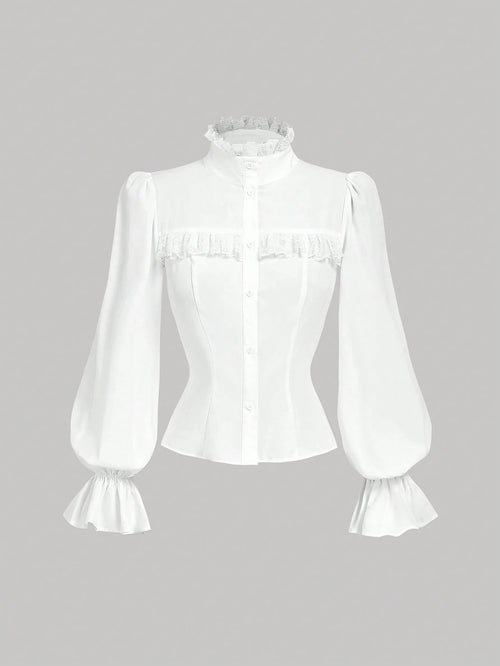 MOD Women's White Fitted Shirt With Ruffle Collar And Lantern Sleeves