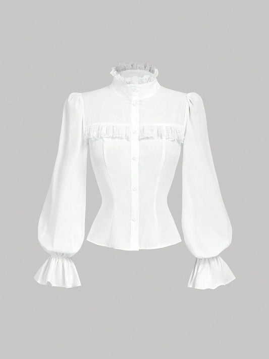 MOD Women's White Fitted Shirt With Ruffle Collar And Lantern Sleeves