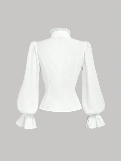 MOD Women's White Fitted Shirt With Ruffle Collar And Lantern Sleeves