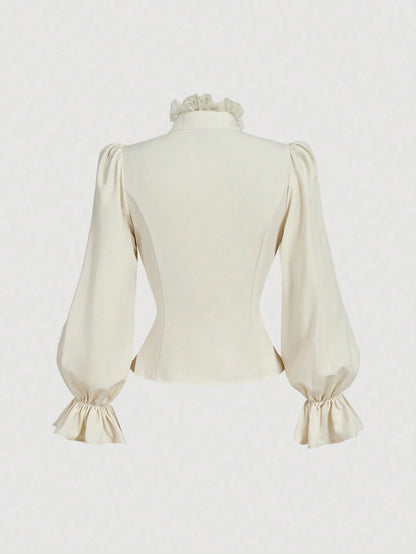MOD Women's White Fitted Shirt With Ruffle Collar And Lantern Sleeves