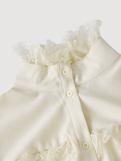 MOD Women's White Fitted Shirt With Ruffle Collar And Lantern Sleeves