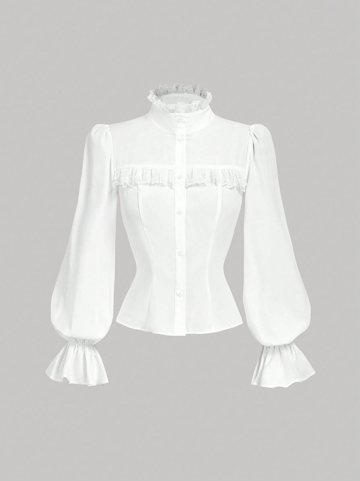 MOD Women's White Fitted Shirt With Ruffle Collar And Lantern Sleeves