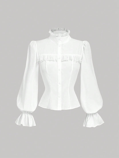 MOD Women's White Fitted Shirt With Ruffle Collar And Lantern Sleeves