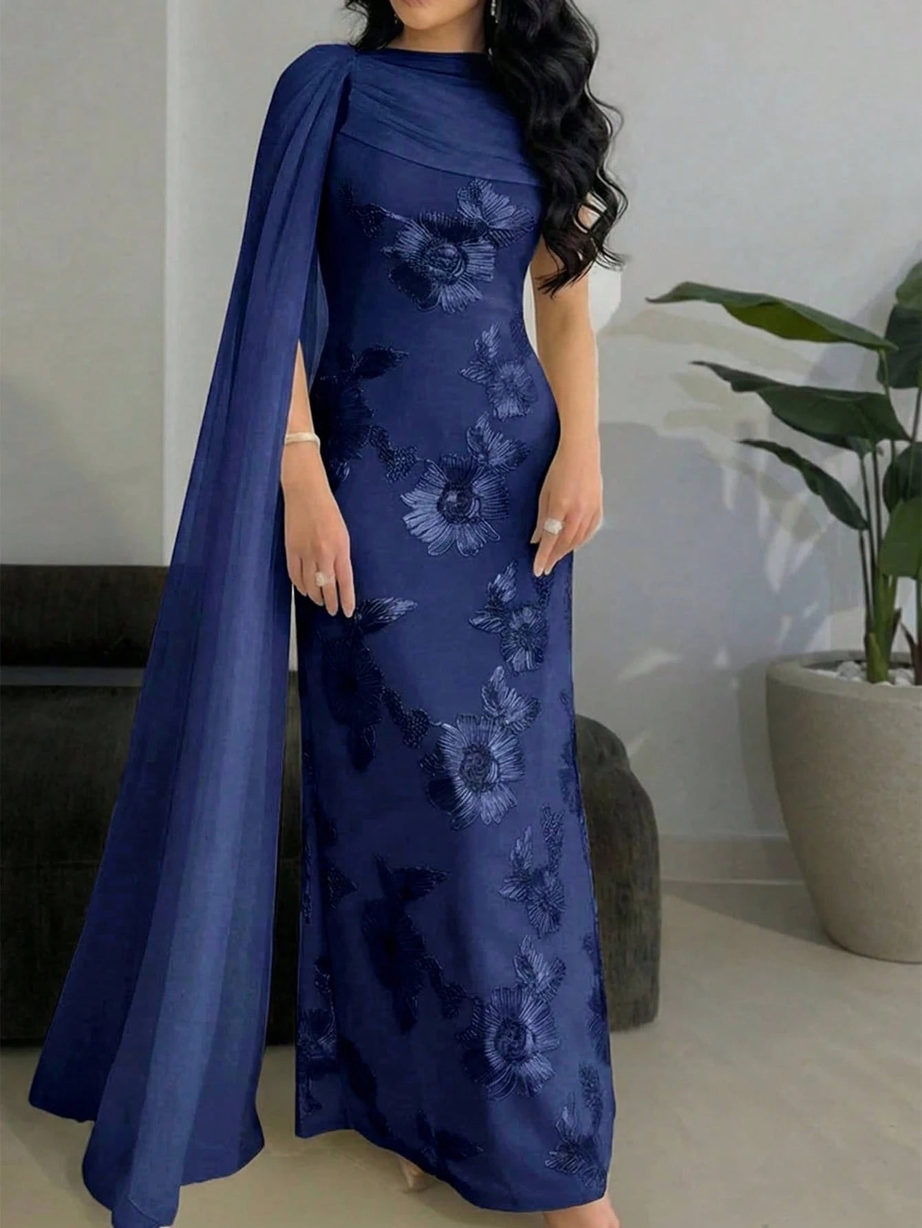 Modelyn New Design Asymmetric Sleeve Elegant Embroidered Floral Cinched Waist Romantic Luxurious Party & Holiday Dress