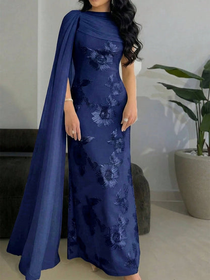 Modelyn New Design Asymmetric Sleeve Elegant Embroidered Floral Cinched Waist Romantic Luxurious Party & Holiday Dress