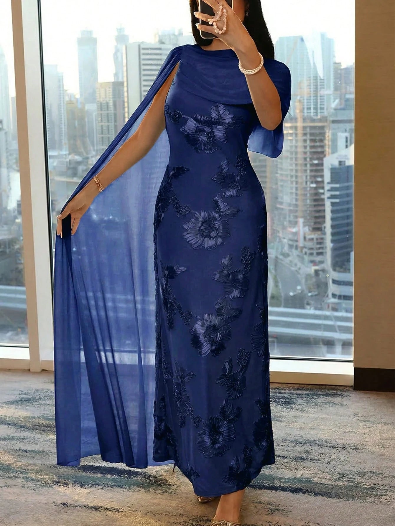Modelyn New Design Asymmetric Sleeve Elegant Embroidered Floral Cinched Waist Romantic Luxurious Party & Holiday Dress