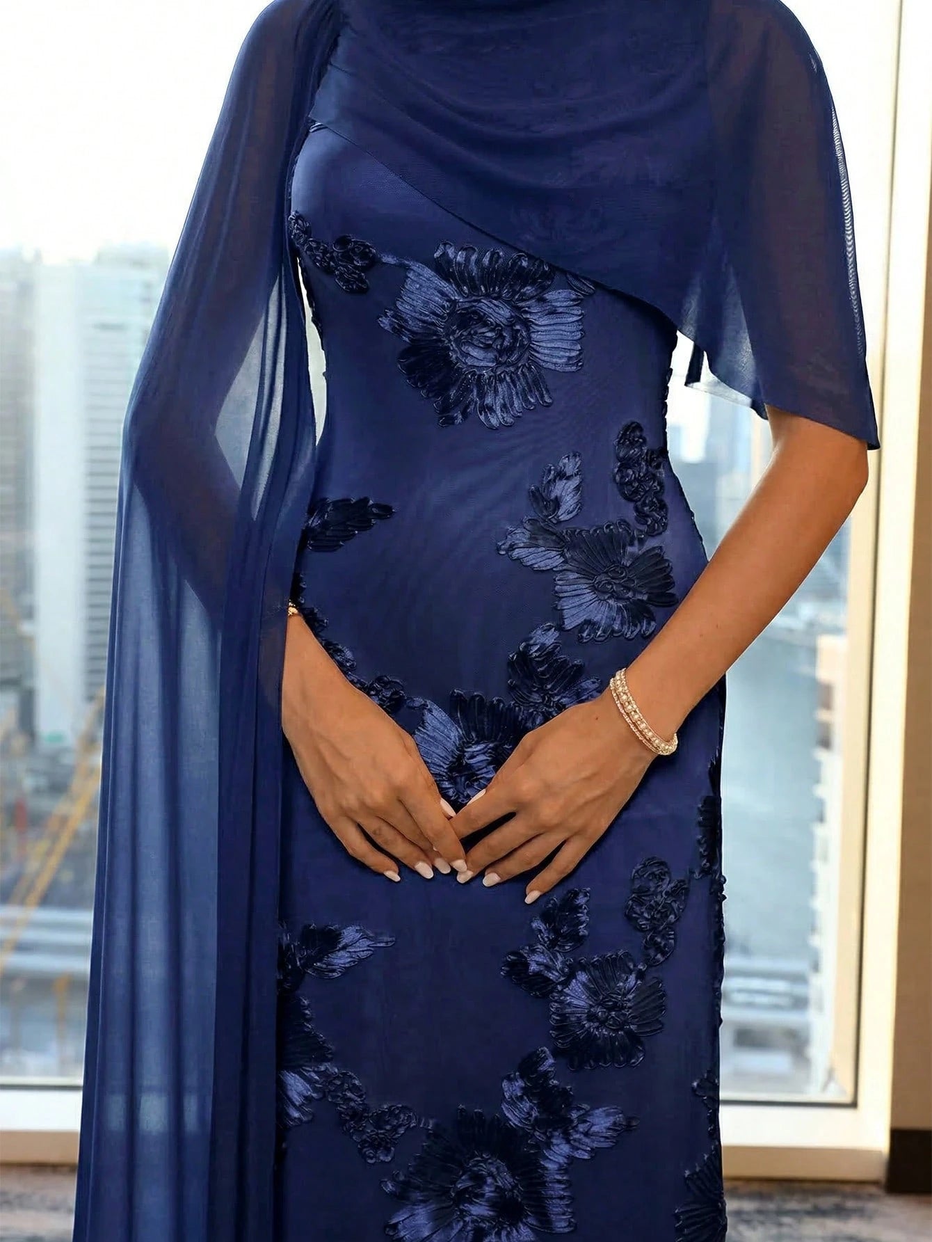 Modelyn New Design Asymmetric Sleeve Elegant Embroidered Floral Cinched Waist Romantic Luxurious Party & Holiday Dress