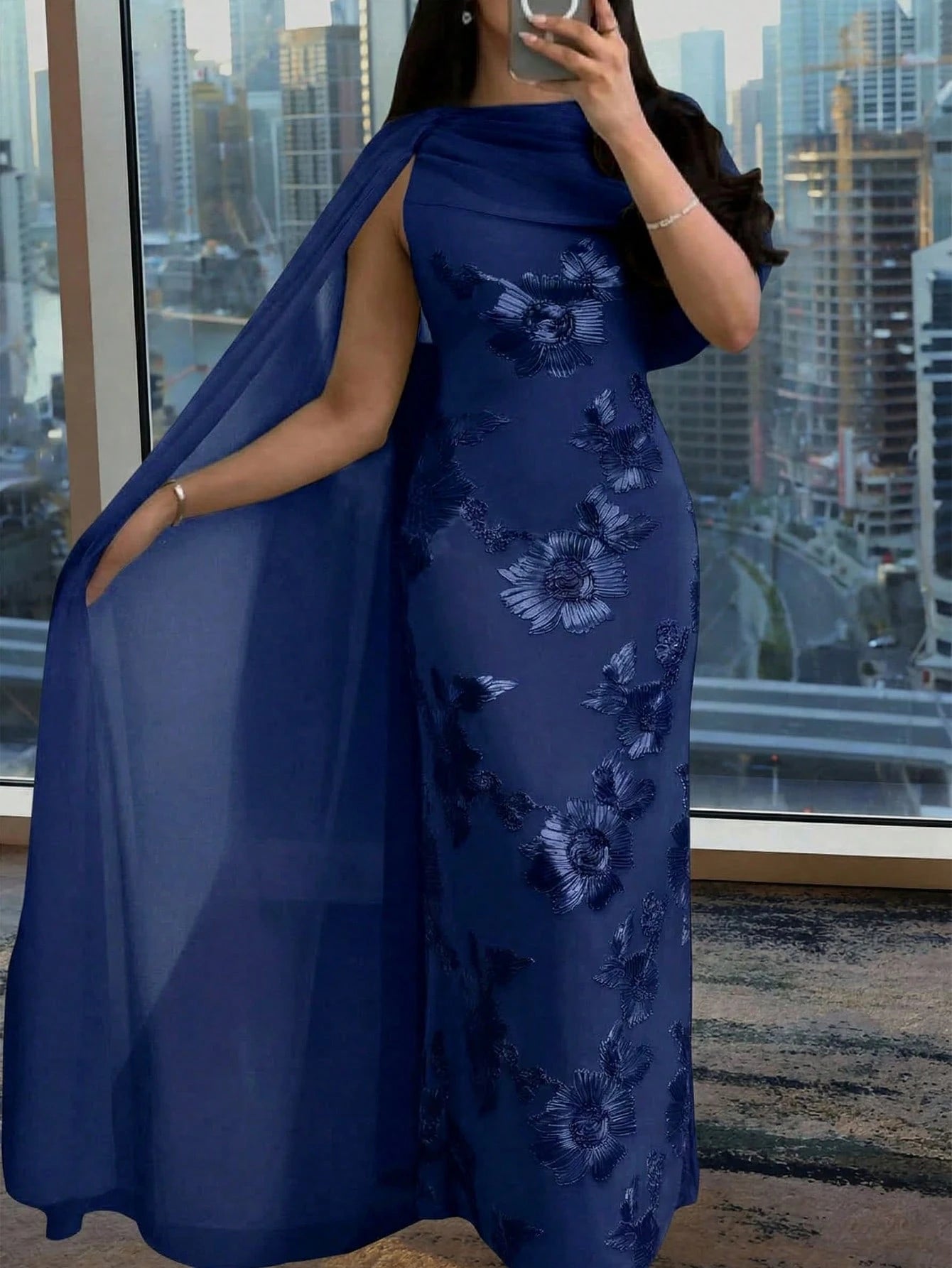 Modelyn New Design Asymmetric Sleeve Elegant Embroidered Floral Cinched Waist Romantic Luxurious Party & Holiday Dress