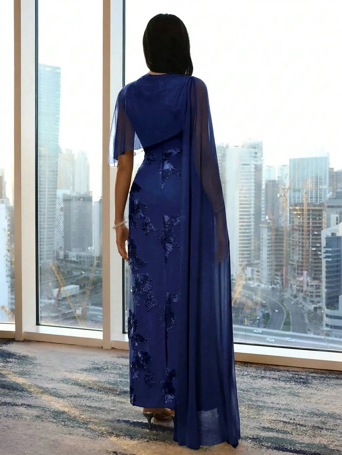 Modelyn New Design Asymmetric Sleeve Elegant Embroidered Floral Cinched Waist Romantic Luxurious Party & Holiday Dress