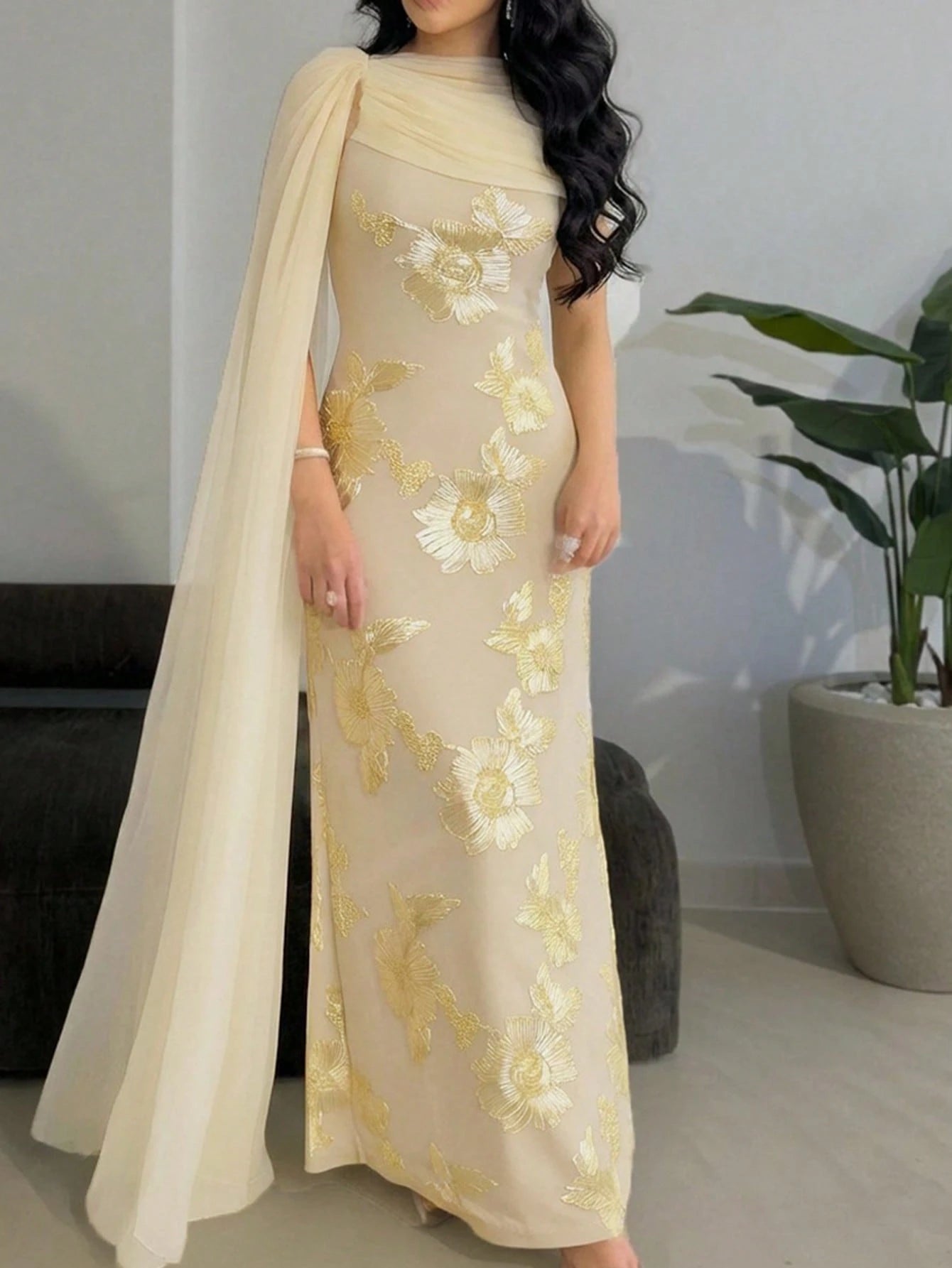 Modelyn New Design Asymmetric Sleeve Elegant Embroidered Floral Cinched Waist Romantic Luxurious Party & Holiday Dress