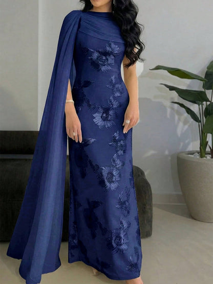 Modelyn New Design Asymmetric Sleeve Elegant Embroidered Floral Cinched Waist Romantic Luxurious Party & Holiday Dress