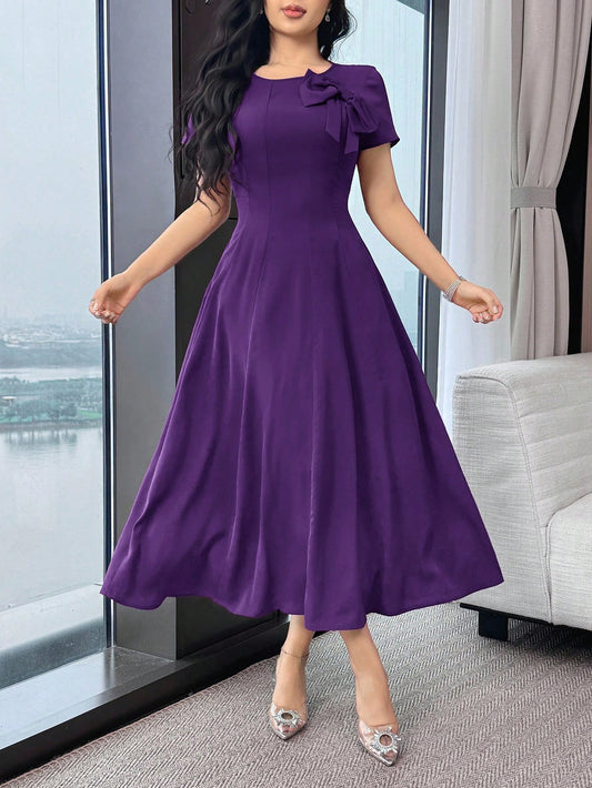 Modelyn Women's Solid Color Bowknot Decor Round Neck Short Sleeve Elegant Mid-Length Dress