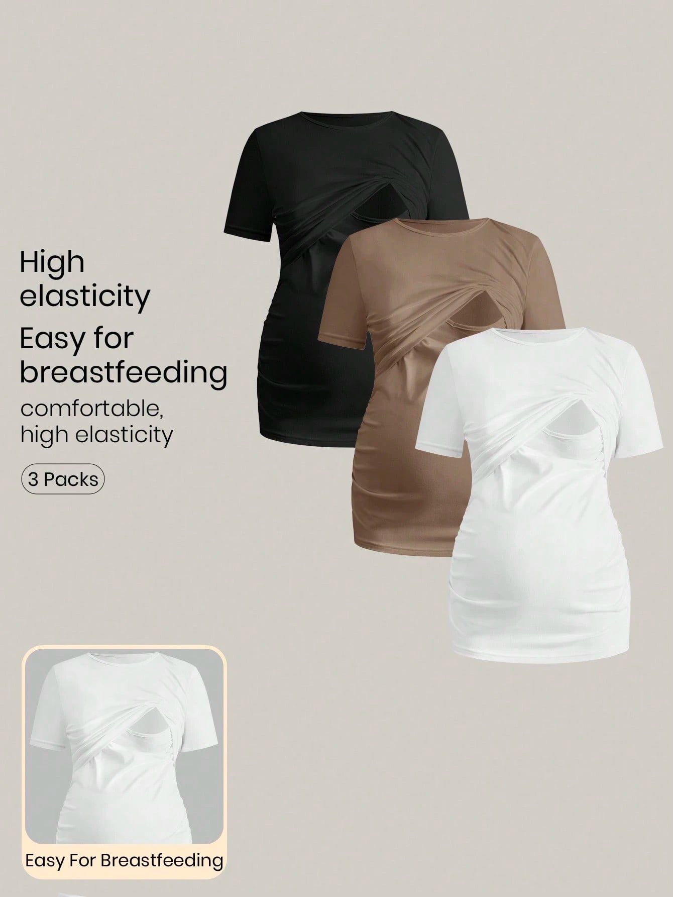 Modmama 3pcs/Set Pregnant Women Solid Color Ruched Nursing Function Casual Daily Short Sleeve Tops