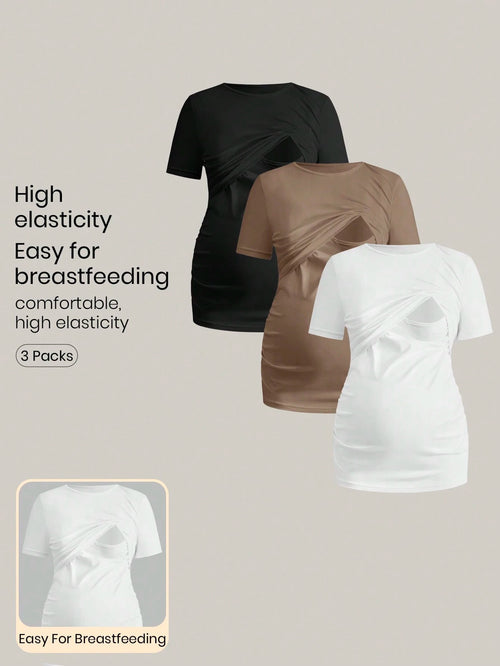 Modmama 3pcs/Set Pregnant Women Solid Color Ruched Nursing Function Casual Daily Short Sleeve Tops