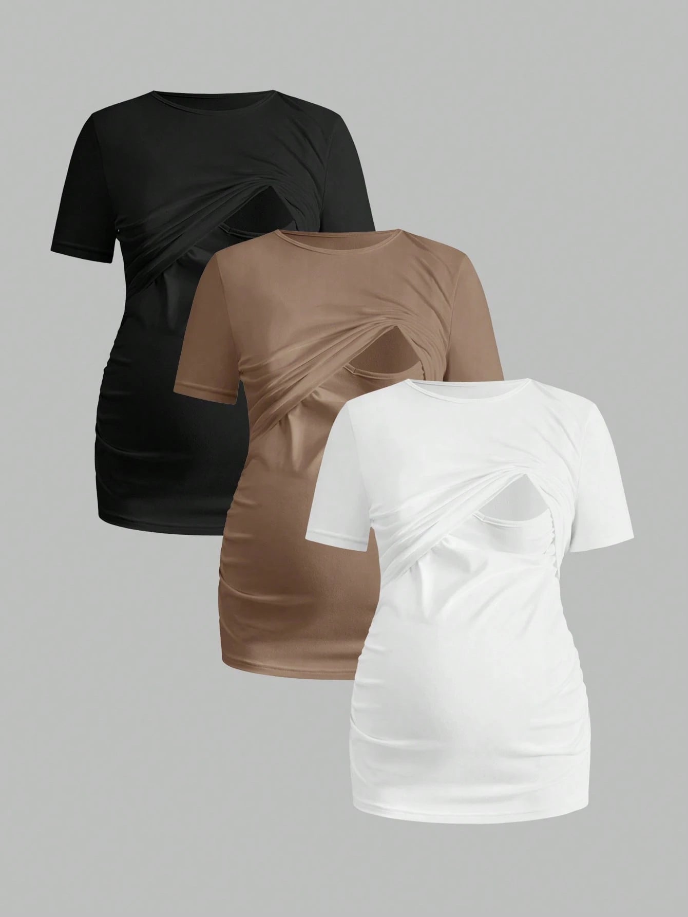 Modmama 3pcs/Set Pregnant Women Solid Color Ruched Nursing Function Casual Daily Short Sleeve Tops